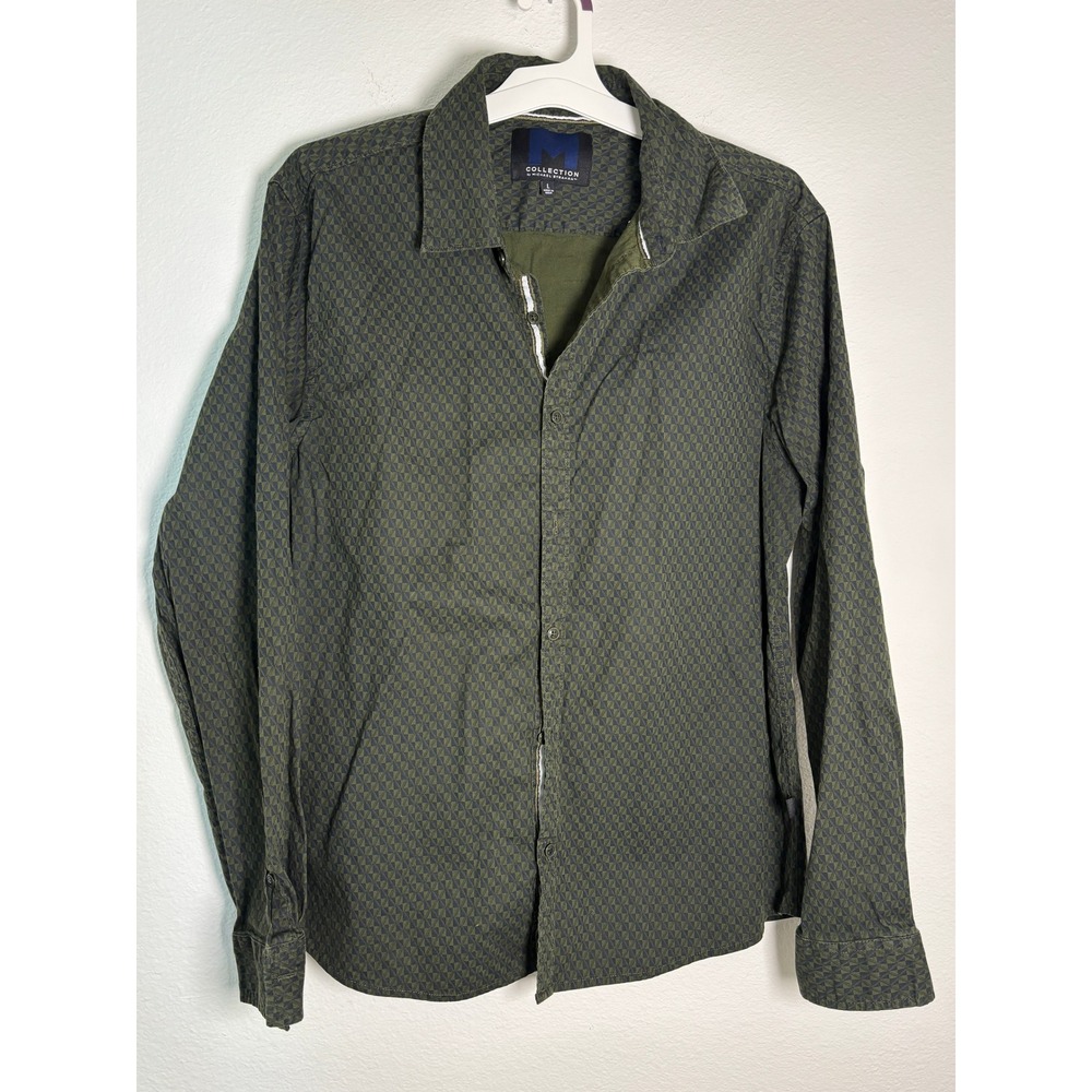 Collection by Michael Strahan Mens Olive Green Geometric Button Down Shirt Large